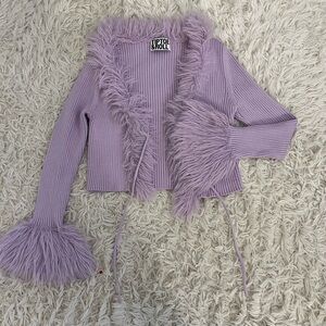 Y2K Style Lilac Purple Tie Front Cropped Ribbed Cardigan with Faux Fur Trim XS S